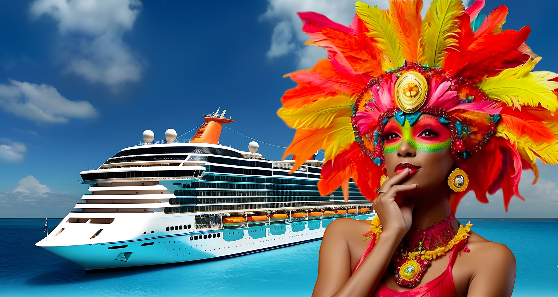 Carnival masquerader beside a cruise ship
