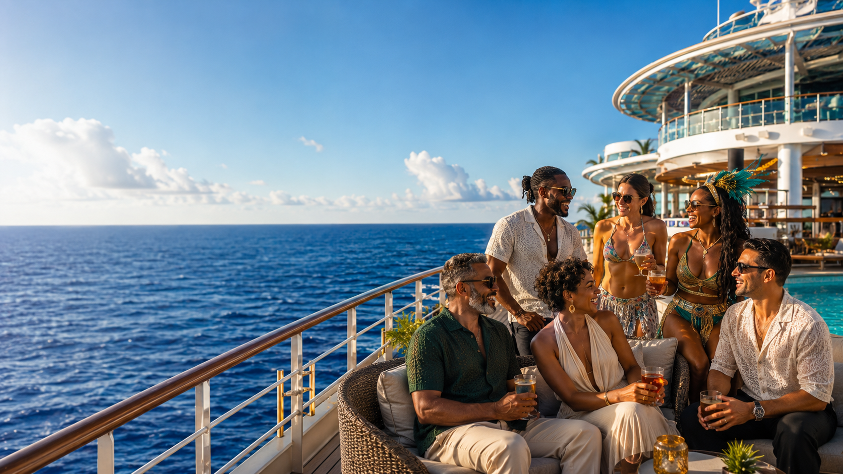 Guests on a cruise deck at golden hour