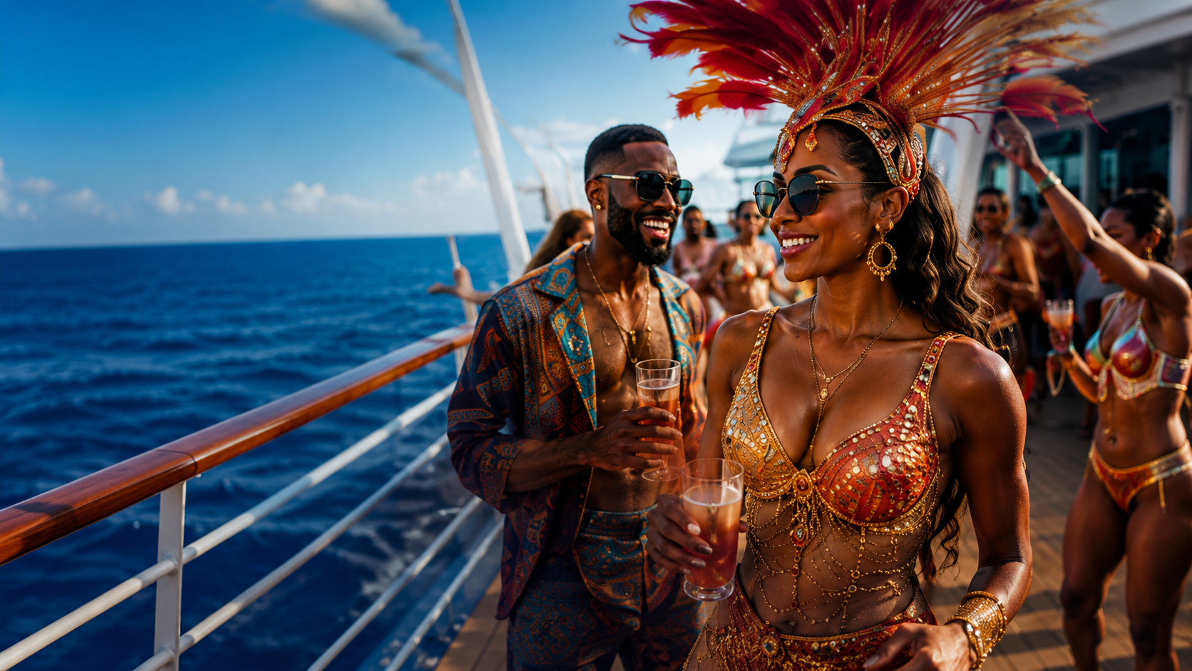 Carnival revellers on a cruise deck