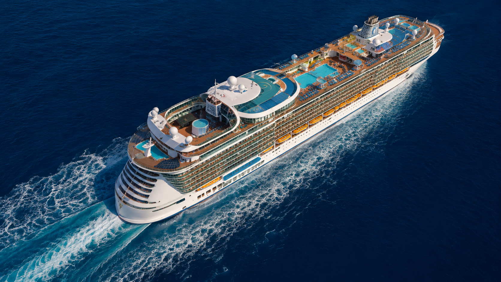 Cruise ship at sea, aerial view