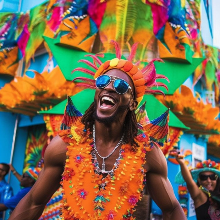 Black man in festival attire vibrant colors on a soca cruise