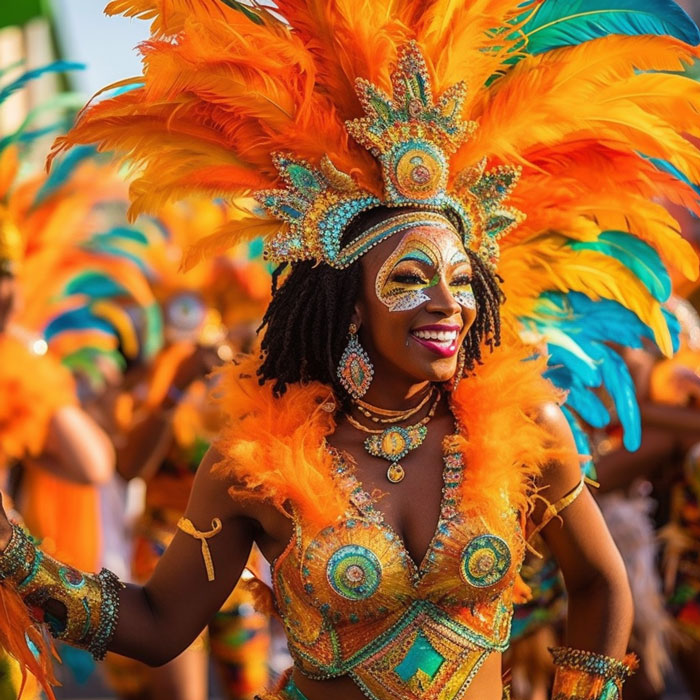 Black woman in festival attire with orange tones, smiling, on a soca carnival cruise