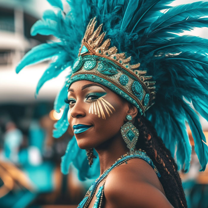 Black woman in festival attire with blue tones on a soca cruise