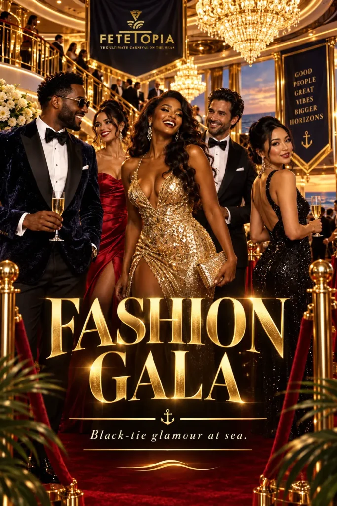 Fashion Gala poster with guests in evening gowns and tuxedos.