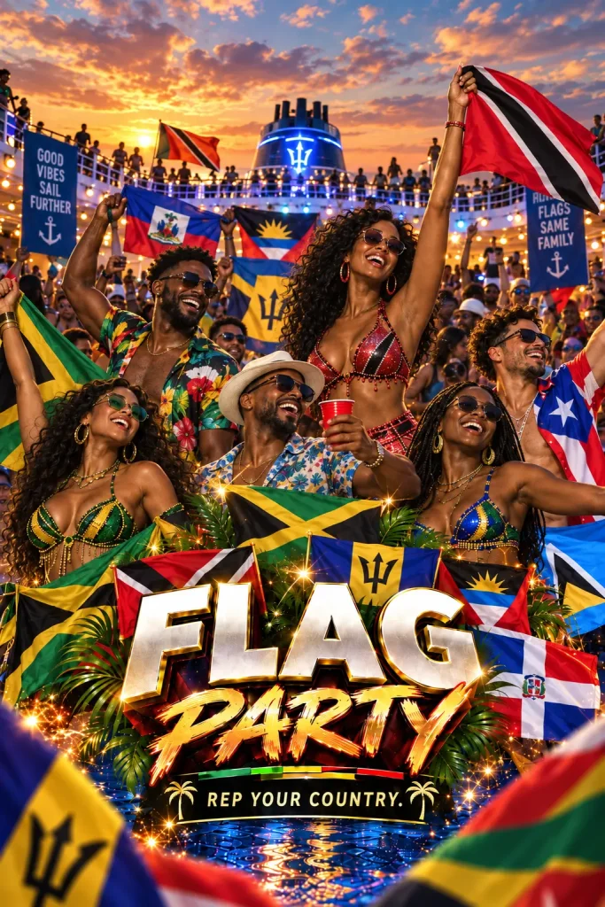 Flag Party poster with revelers waving Caribbean flags on a ship deck.