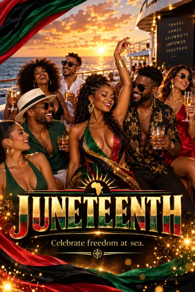 Juneteenth celebration poster with partygoers on a ship deck at sunset.