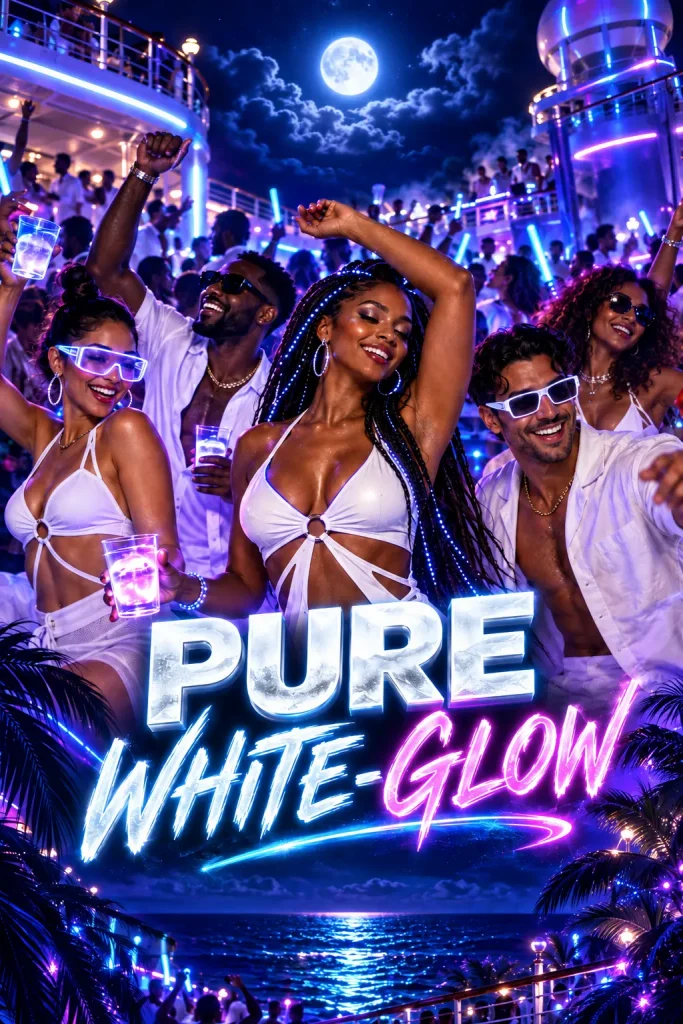 Pure White-Glow party poster with guests dressed in white under purple lighting.
