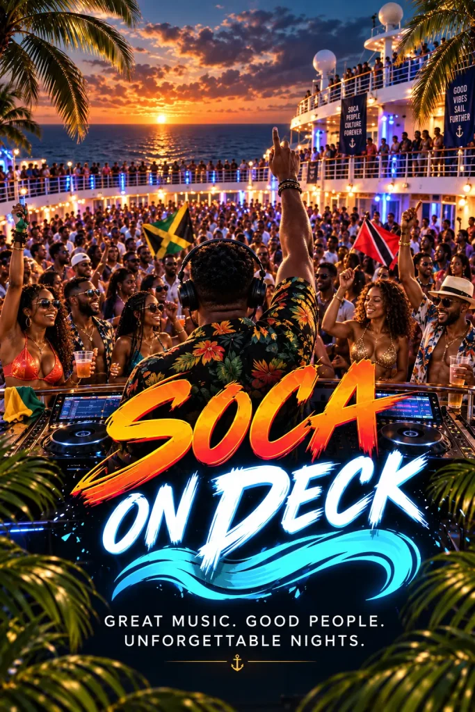 Soca on Deck poster with a crowd celebrating on a ship deck at sunset.